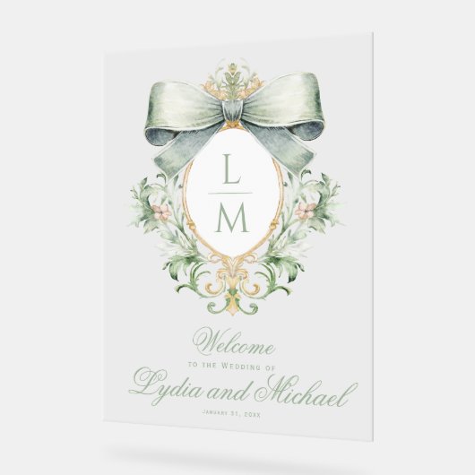 Elegante Crest w / Groene Bow Bruiloft Welkom Acryl Bord (Hoek)