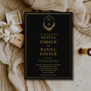 Elegante Crest Zwart Goud Minimalistische Trouwdag Folie Uitnodiging