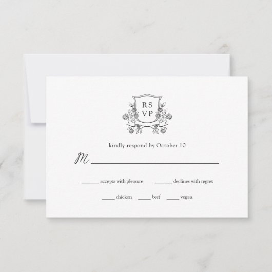 Elegante Crest Zwart-wit Bruiloft Maaltijd Keuze RSVP Kaartje (Voorkant)