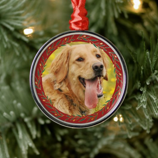 Elegante Crimson Gold Wreath Dog Foto Metalen Ornament (Boom)
