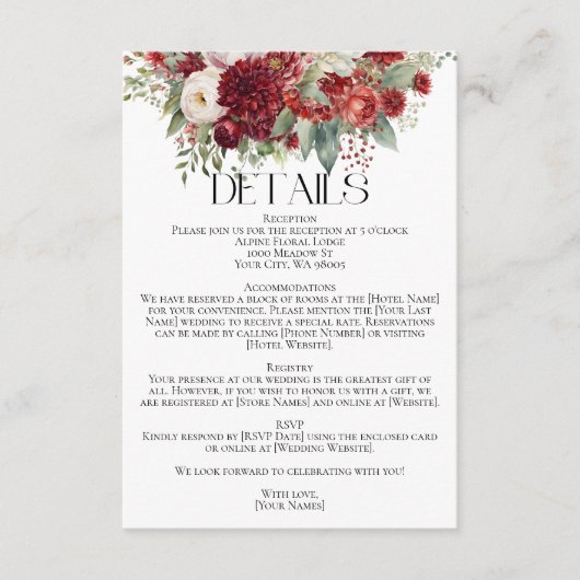 Elegante Crimson Red Cream Bloemen Trouwdetails Informatiekaartje (Voorkant)