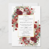 Elegante Crimson Red Florals Gold Lijst bruiloft Kaart (Voorkant)