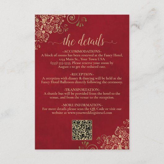 Elegante Crimson Red & Gold Wedding QR Code Detail Informatiekaartje (Voorkant)