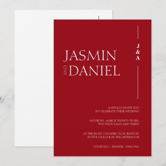 Elegante Crimson Rode Monogram Initialen Bruiloft Kaart (Voorkant / Achterkant)