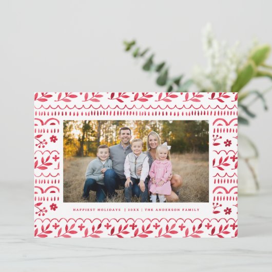 Elegante Crimson Rode Waterverf Kerstfoto Feestdagenkaart (Staand voorkant)