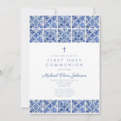 Elegante Cross Blue Tegels Boy Eerste Communie Kaart (Voorkant)