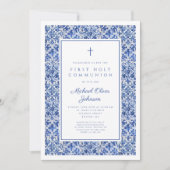 Elegante Cross Blue Tegels Boy Eerste Communie Kaart (Voorkant)