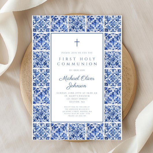 Elegante Cross Blue Tegels Boy Eerste Communie Kaart