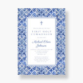 Elegante Cross Blue Tegels Boy Eerste Communie Kaart