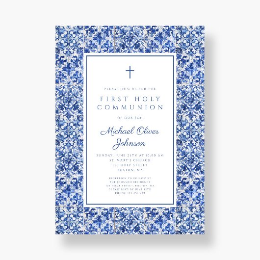 Elegante Cross Blue Tegels Boy Eerste Communie Kaart