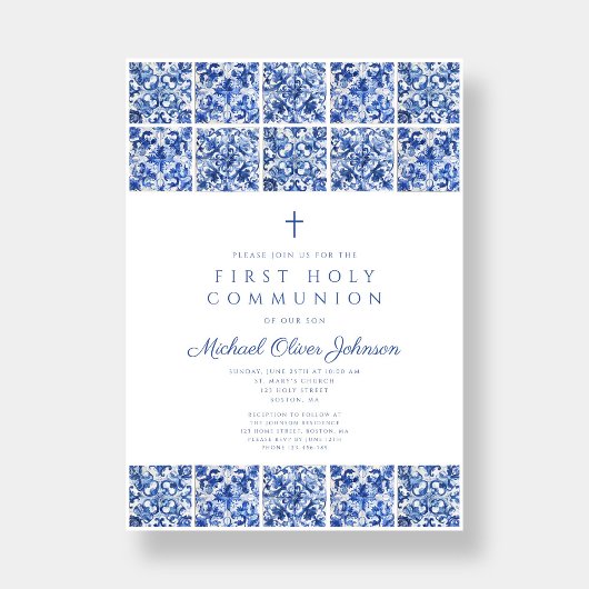 Elegante Cross Blue Tegels Boy Eerste Communie Kaart