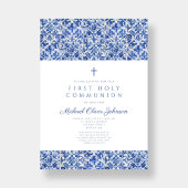Elegante Cross Blue Tegels Boy Eerste Communie Kaart