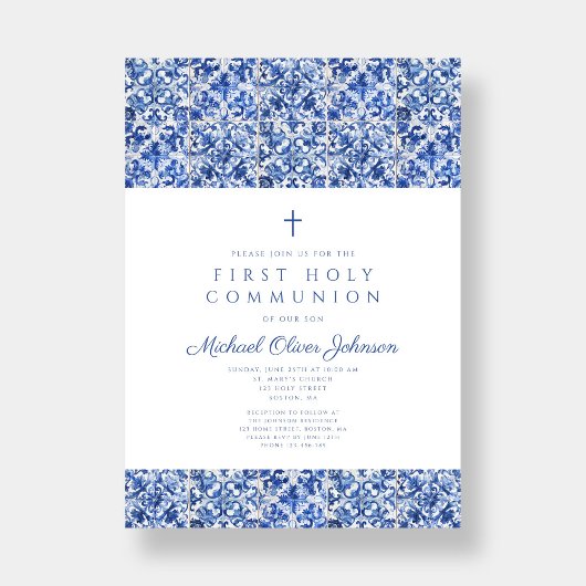 Elegante Cross Blue Tegels Boy Eerste Communie Kaart