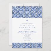 Elegante Cross Blue Tegels Boy Eerste Communie Kaart (Voorkant)