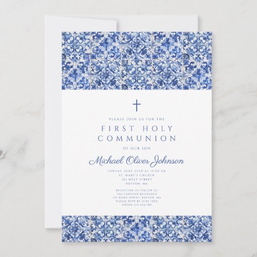 Elegante Cross Blue Tegels Boy Eerste Communie Kaart (Voorkant)