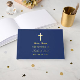 Elegante Cross Echte Folie Navy Blue Wedding Gastenboek