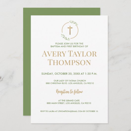 Elegante Cross Greenery doop en eerste verjaardag Kaart (Voorkant / Achterkant)