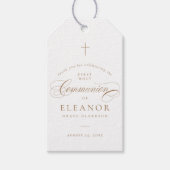 Elegante Cross Kalligrafie Communie Favor Cadeaulabel (Voorkant)