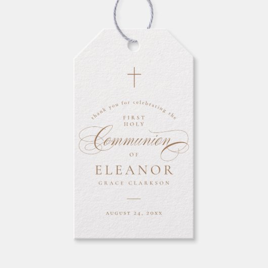 Elegante Cross Kalligrafie Communie Favor Cadeaulabel (Voorkant)