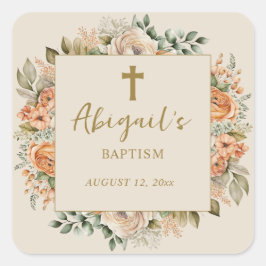 Elegante Cross Peach Cream Bloemen Baby Meisje Doo Vierkante Sticker