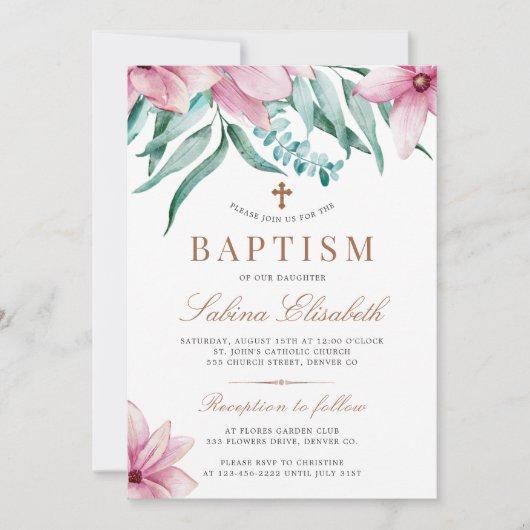 Elegante cross waterverf bloemendoopuitnodiging kaart (Voorkant)