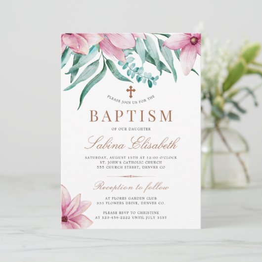 Elegante cross waterverf bloemendoopuitnodiging kaart (Staand voorkant)