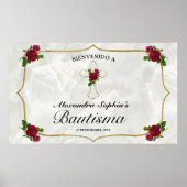 Elegante Cruz Dorada Rosas Rojas Niñas Bautismo Poster (Voorkant)