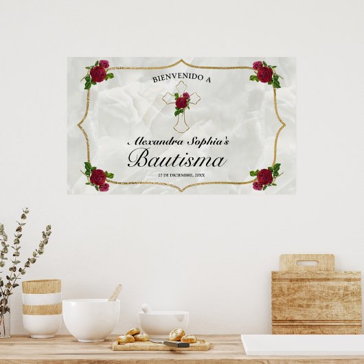 Elegante Cruz Dorada Rosas Rojas Niñas Bautismo Poster (Keuken)