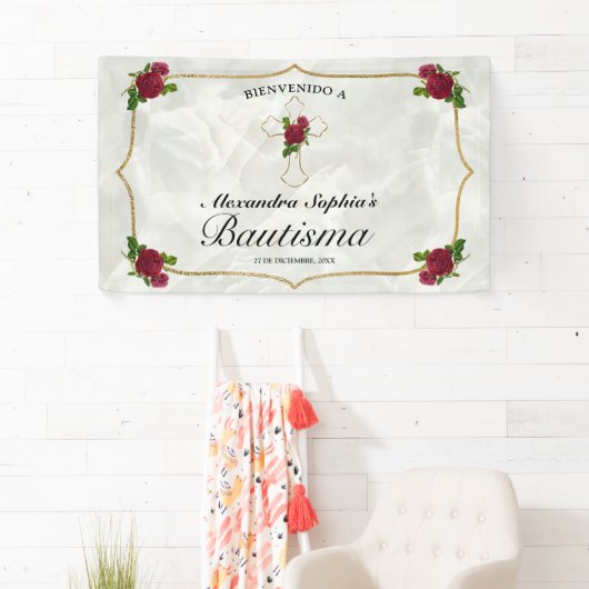 Elegante Cruz Dorada Rosas Rojas Niñas Bautismo Spandoek (Insitu)