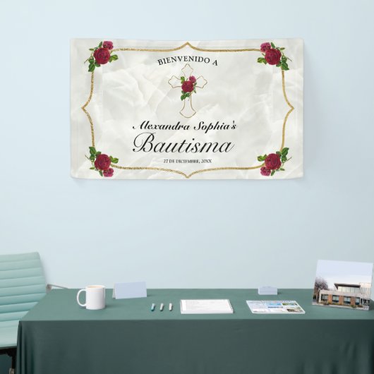 Elegante Cruz Dorada Rosas Rojas Niñas Bautismo Spandoek (Beurs)