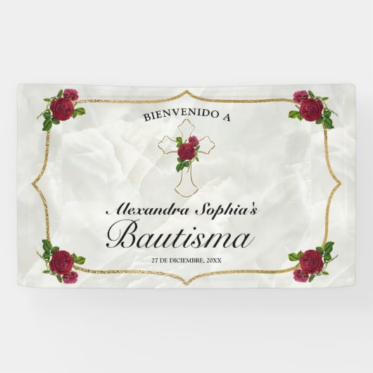 Elegante Cruz Dorada Rosas Rojas Niñas Bautismo Spandoek (Horizontaal)