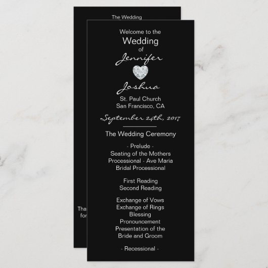 Elegante Custom Black Heart Wedding Programma's (Voorkant / Achterkant)