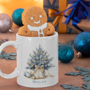 Elegante Custom Christmas Tree Gold Blue Waterverf Koffiemok