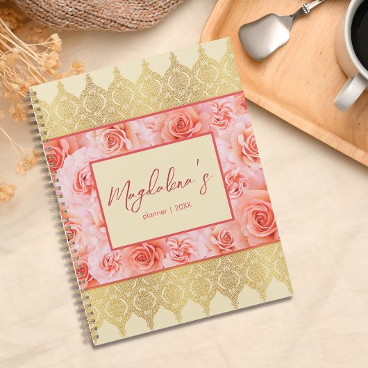 Elegante Custom Damask Geel Bloemen Gouden Kant Planner