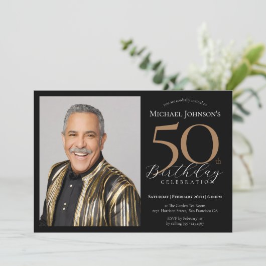 Elegante Custom Foto Zwart Goud 50e Verjaardag Kaart (Staand voorkant)