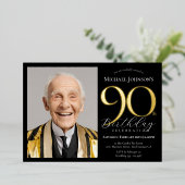 Elegante Custom Foto Zwart Goud 90e Verjaardag Folie Uitnodiging (Staand Voorkant)