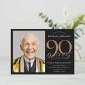 Elegante Custom Foto Zwart Goud 90e Verjaardag Kaart (Staand voorkant)