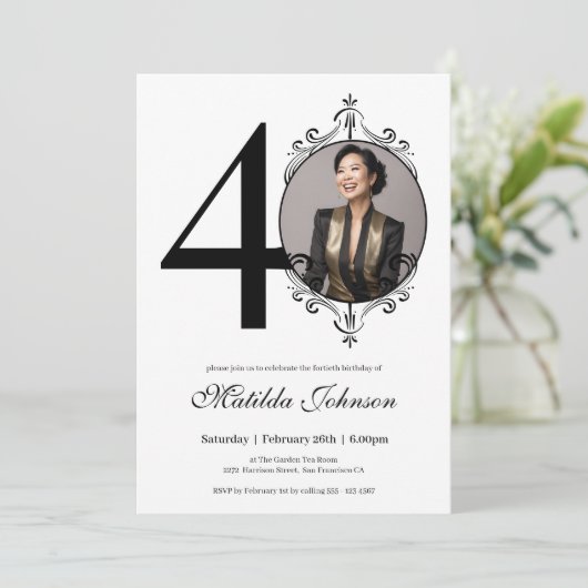 Elegante Custom Foto Zwart Wit 40e Verjaardag Kaart (Staand voorkant)