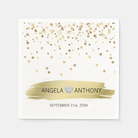 Elegante Custom Heart Wit Goud Confetti bruiloft Servet (Voorkant)
