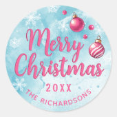 Elegante Custom Merry Christmas Blauw en Roze Ronde Sticker (Voorkant)