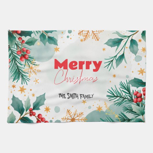 Elegante Custom Merry Christmas Keuken Handdoek (Horizontaal)