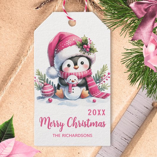 Elegante Custom Merry Christmas Pink Schattigee Pi Cadeaulabel