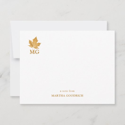 Elegante Custom Monogram Goud Oker Maple Leaf Flat Notitiekaartje (Voorkant)