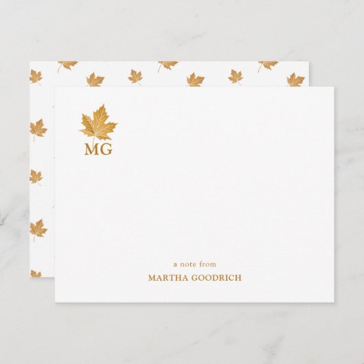 Elegante Custom Monogram Goud Oker Maple Leaf Flat Notitiekaartje (Voorkant / Achterkant)