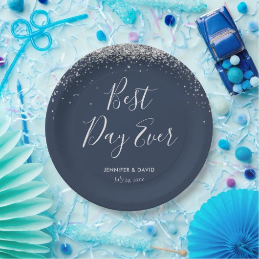 Elegante Custom Navy Blue Silver Glitter Confetti Papieren Bordje (Feest)