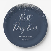 Elegante Custom Navy Blue Silver Glitter Confetti Papieren Bordje (Voorkant)