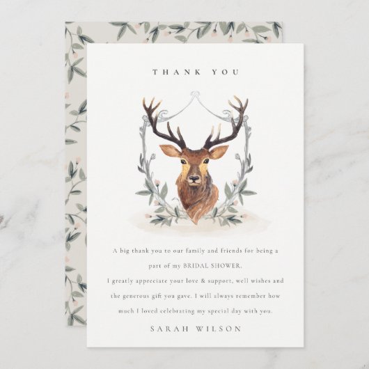 Elegante Cute Donkere Hert Bloemengrat Bruidsdouch Bedankkaart (Voorkant / Achterkant)