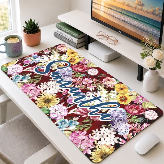 Elegante Cute Rode Gele Bloemige Monogram  Bureaumat