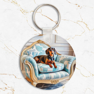 Elegante Dachshund op Luxe Fauteuil Monogrammed Sleutelhanger