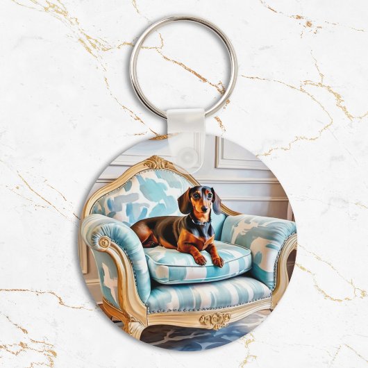 Elegante Dachshund op Luxe Fauteuil Monogrammed Sleutelhanger